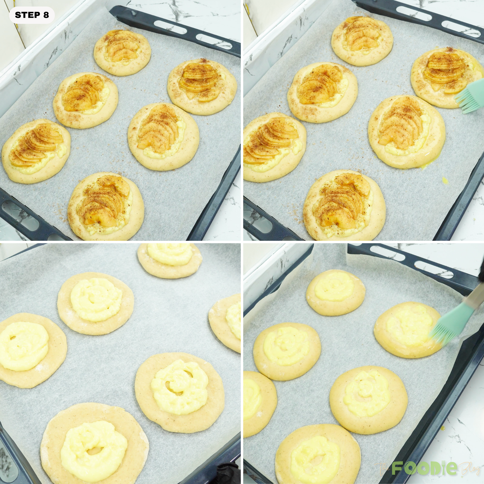 Brioche rounds brushed before baking on a sheet pan