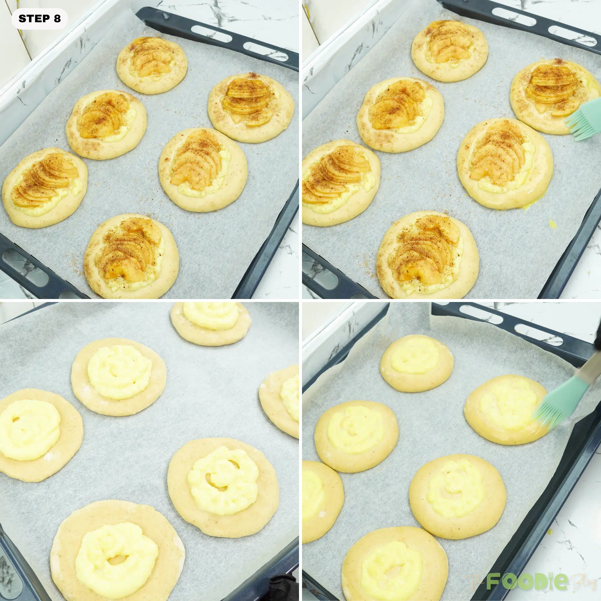 Brioche rounds brushed before baking on a sheet pan