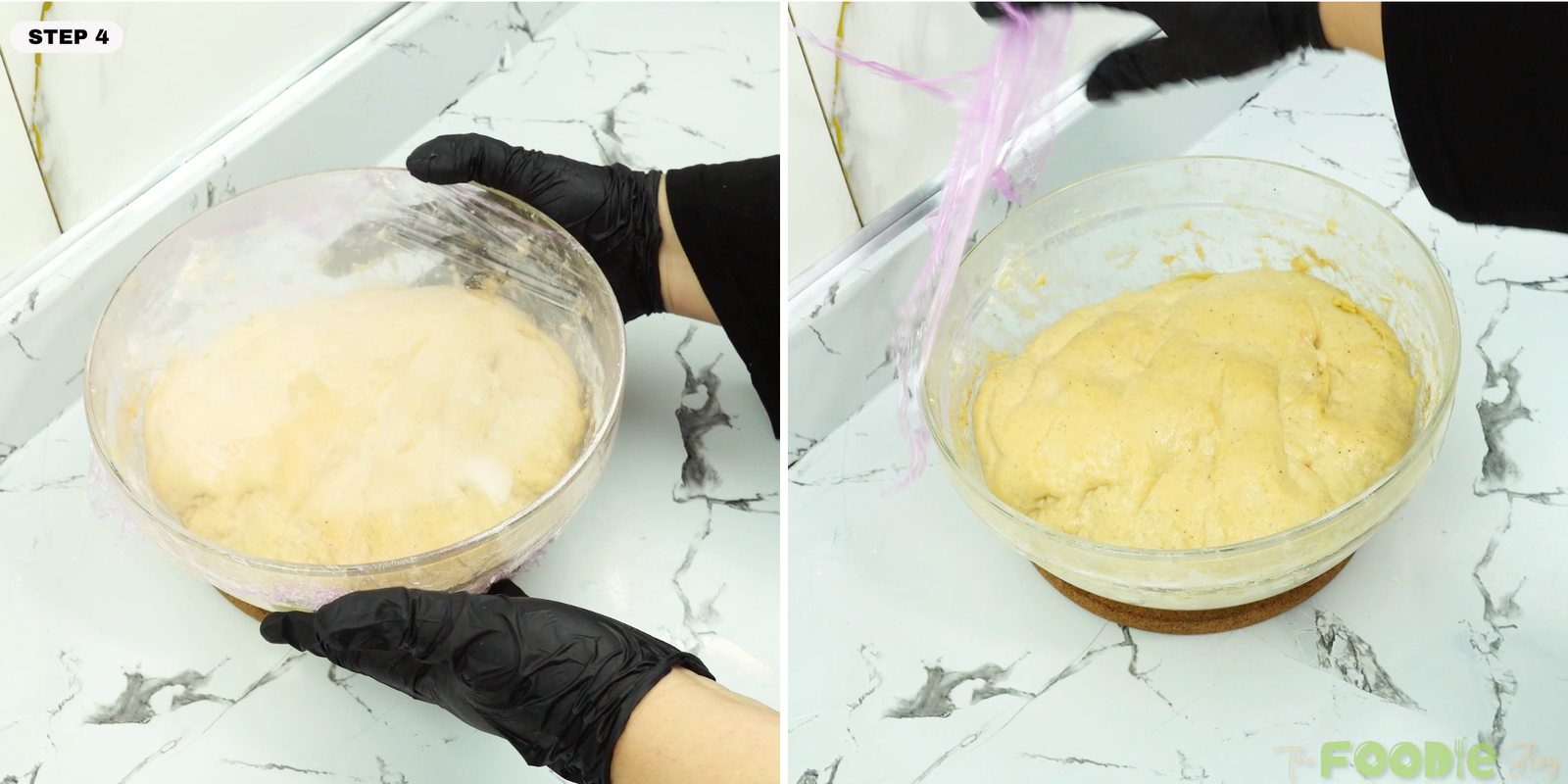 Brioche dough resting in a bowl covered with plastic wrap
