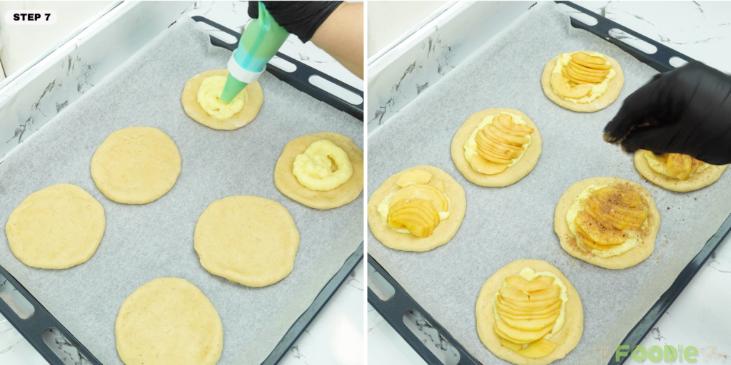 Pastry cream piped onto brioche rounds with apple slices on top