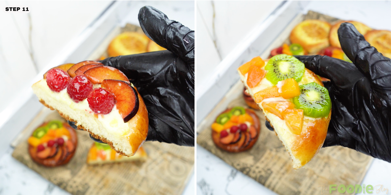 Hands holding a slice of brioche topped with pastry cream and fruit, showing the soft interior crumb.