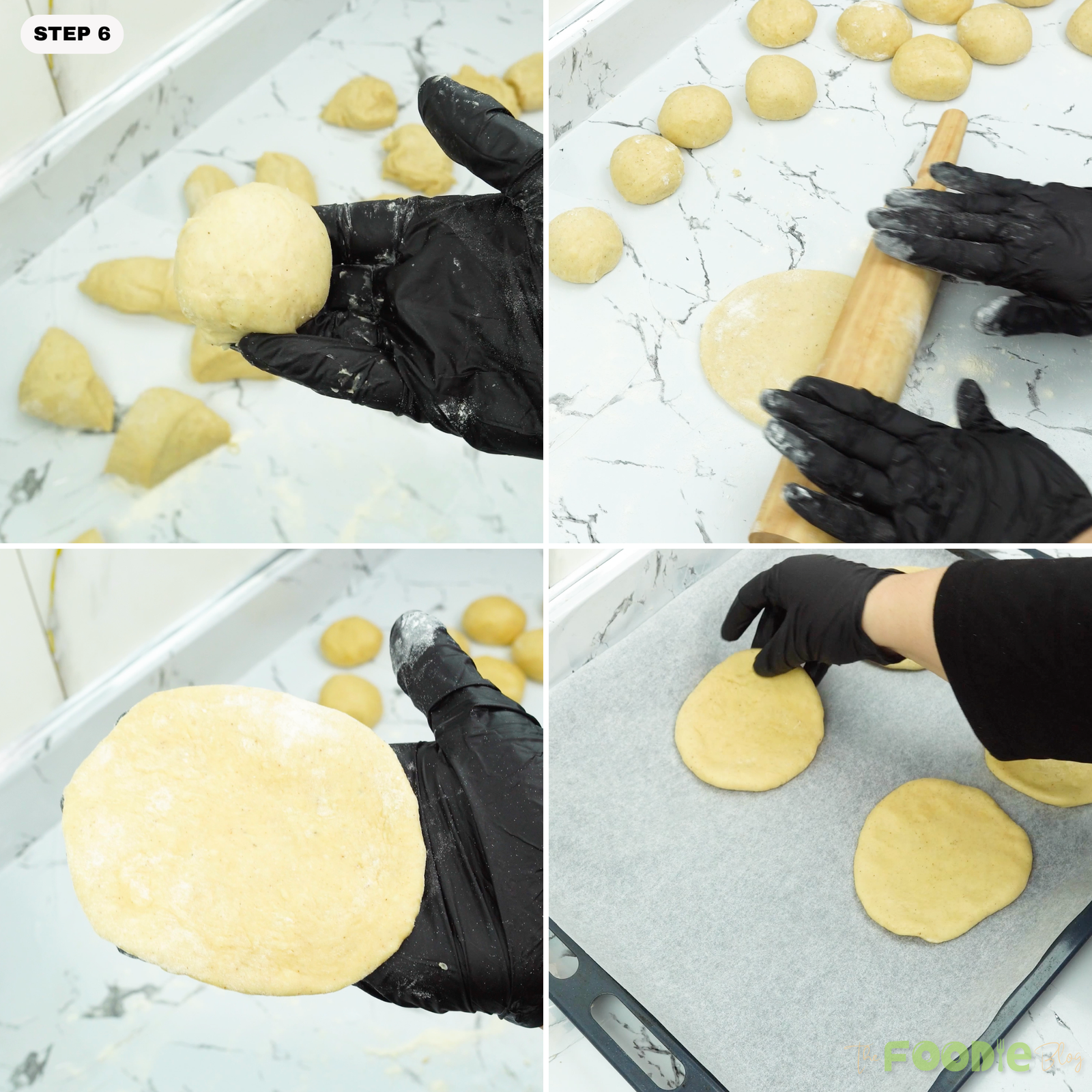 Dough balls flattened into thick rounds on parchment