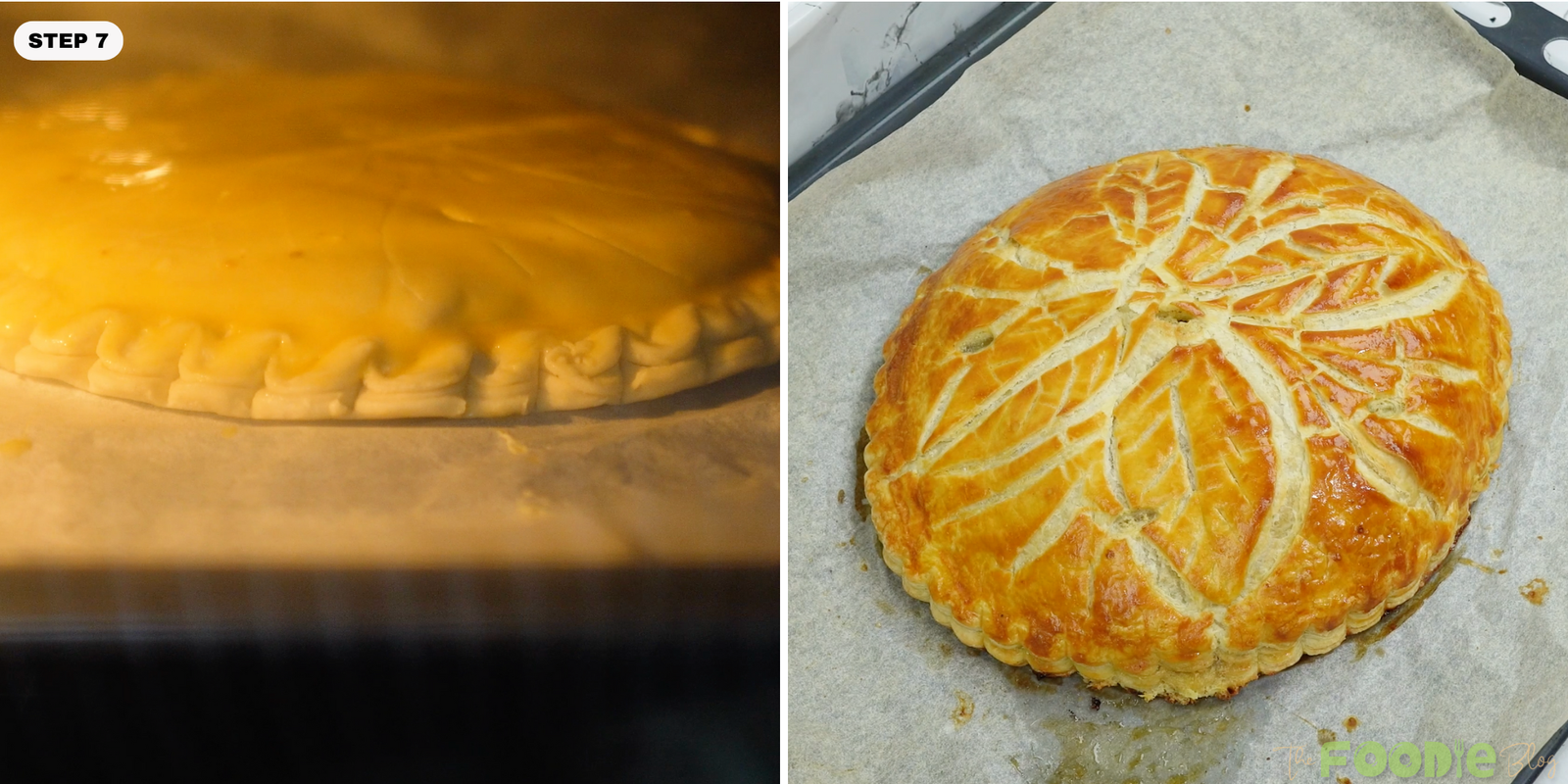 Galette des Rois baking and then fully baked golden on a parchment-lined tray