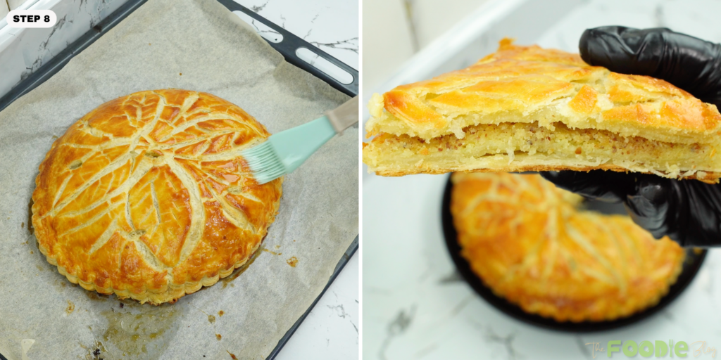Baked Galette des Rois being brushed with syrup and a slice held up showing the almond filling