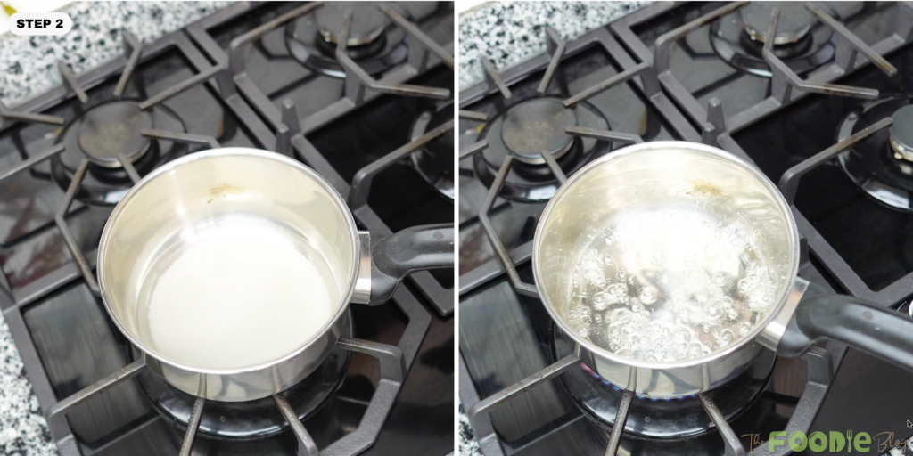Sugar and water simmering in a small saucepan to make syrup