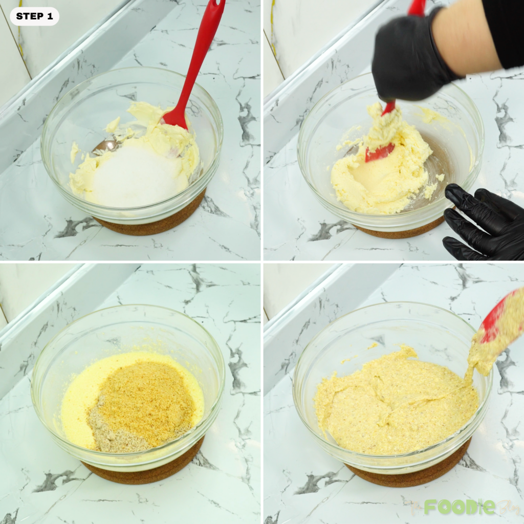 Butter and sugar being mixed together in a glass bowl to start the almond filling