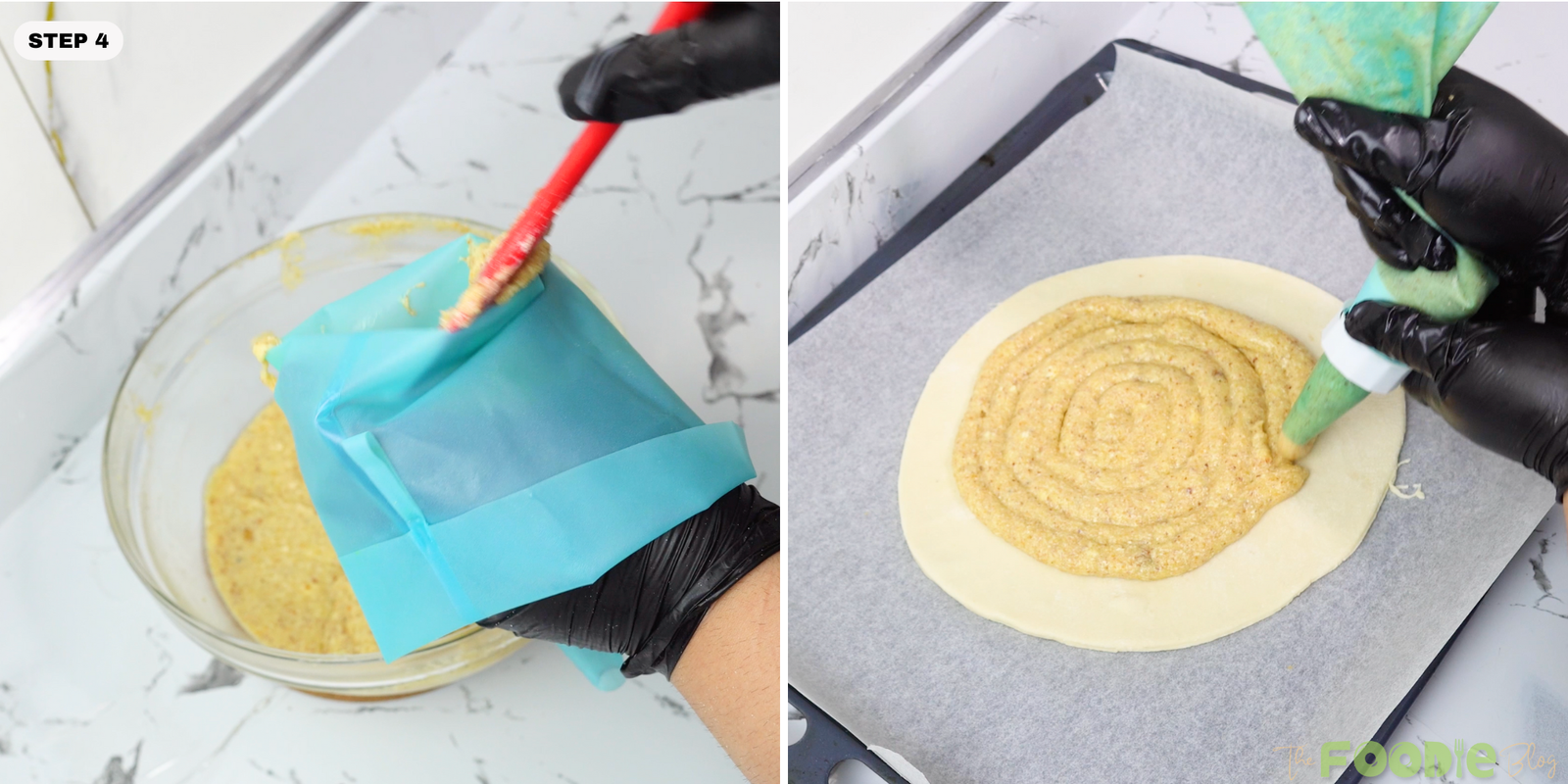 Almond filling in a piping bag being piped in a spiral onto a puff pastry round