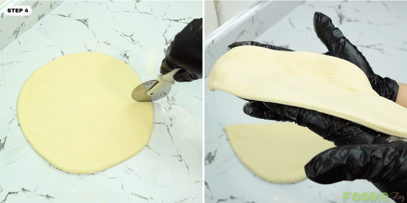 Rolled dough being cut and lifted to show thickness