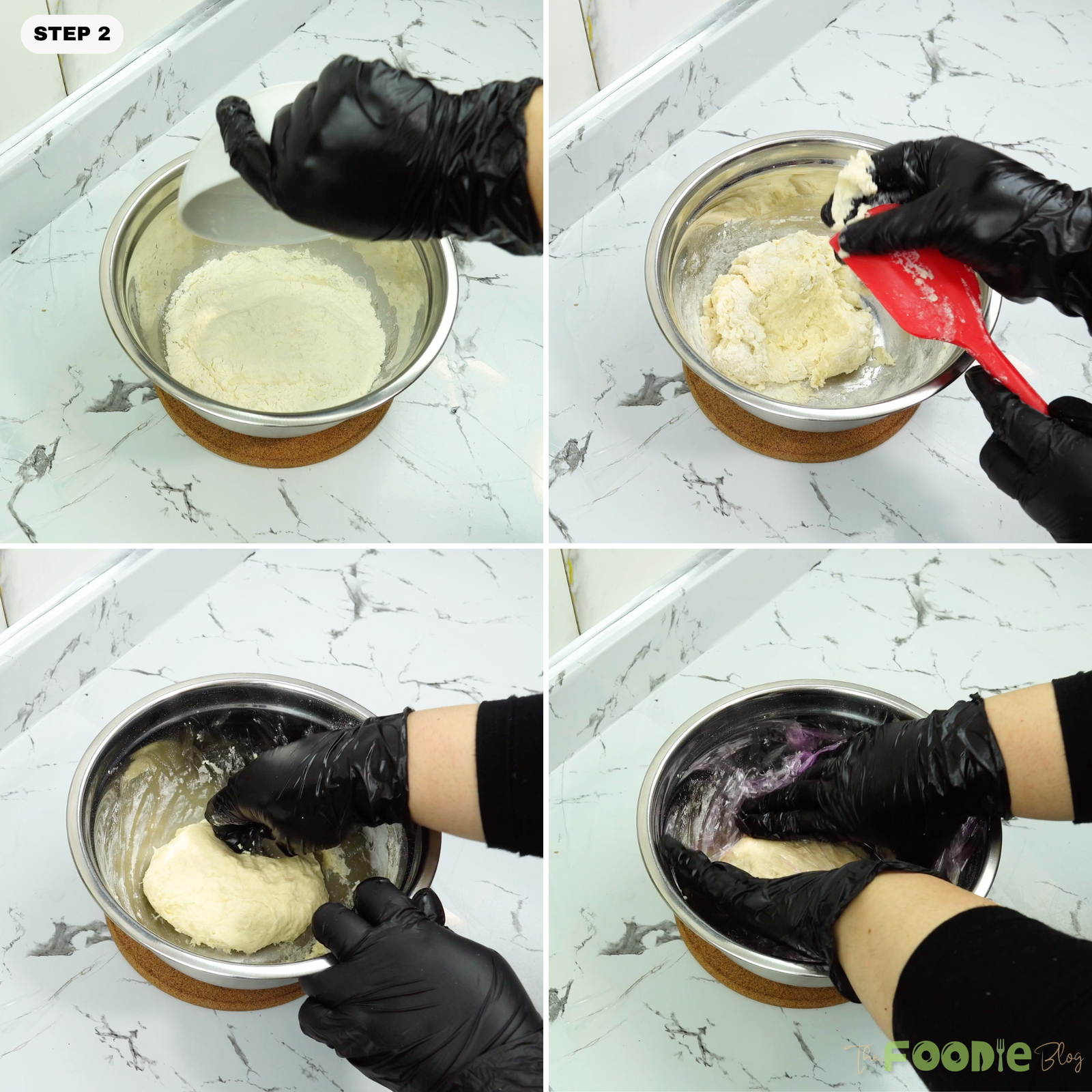 Flour being added and dough coming together in a metal bowl