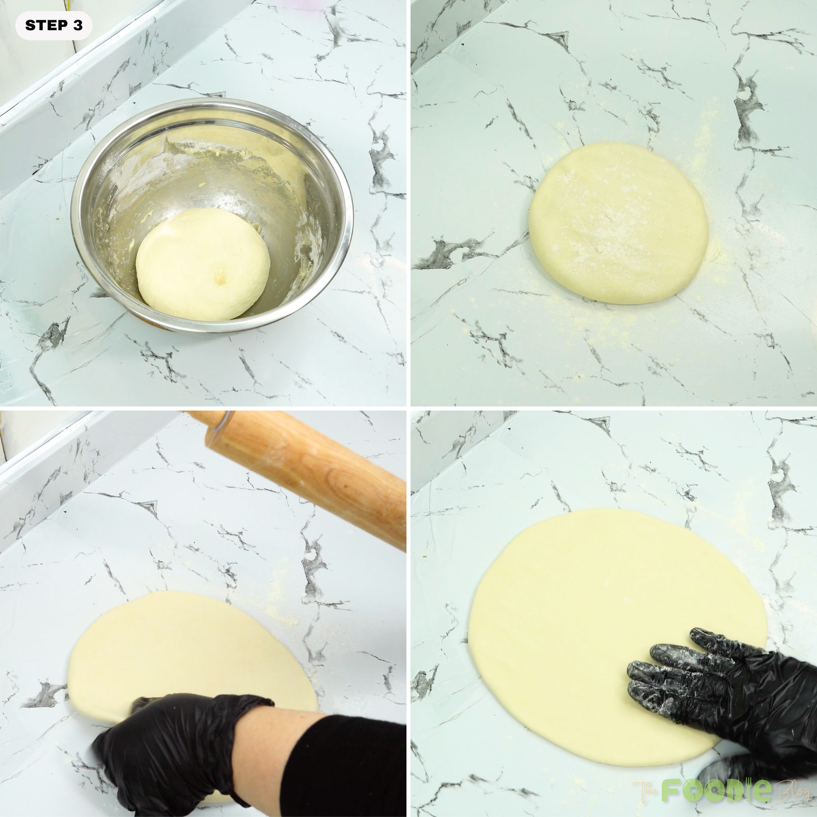 Dough ball and rolled dough round on a lightly floured surface