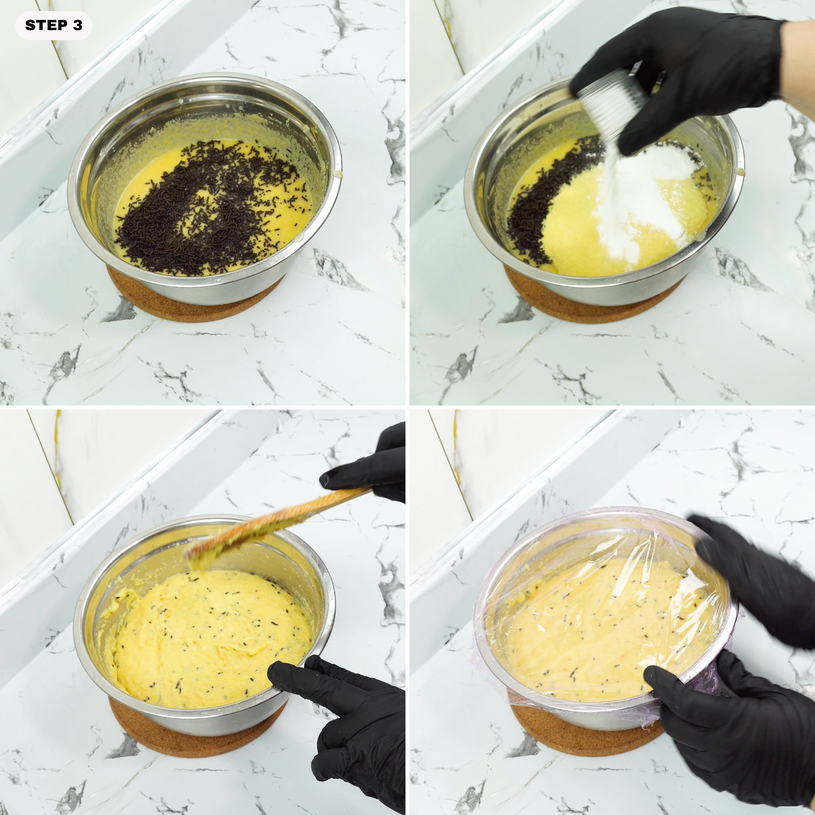 Chocolate chips and baking powder being added to semolina cookie dough