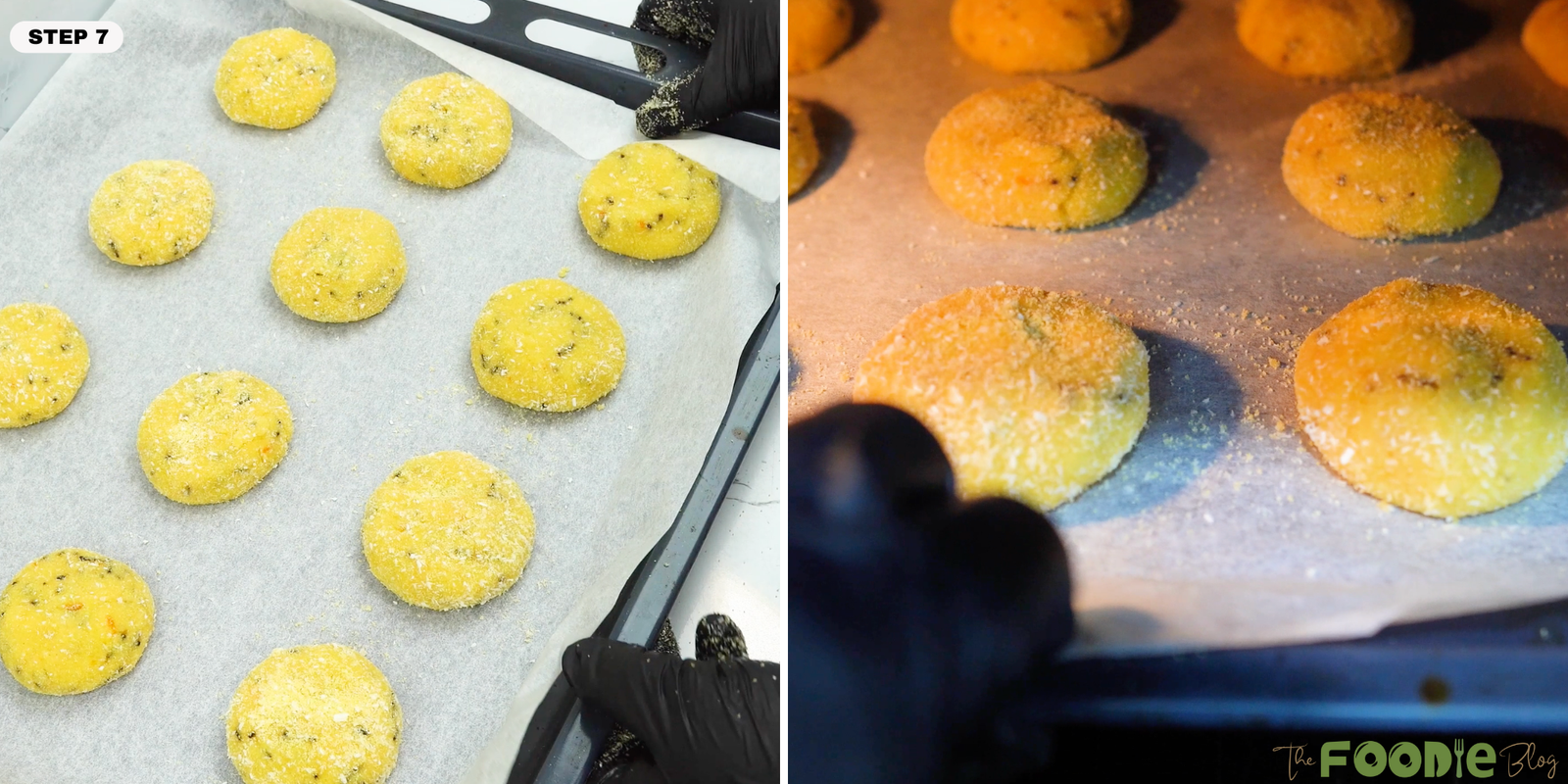 Coated semolina cookies spaced out on a parchment-lined baking sheet