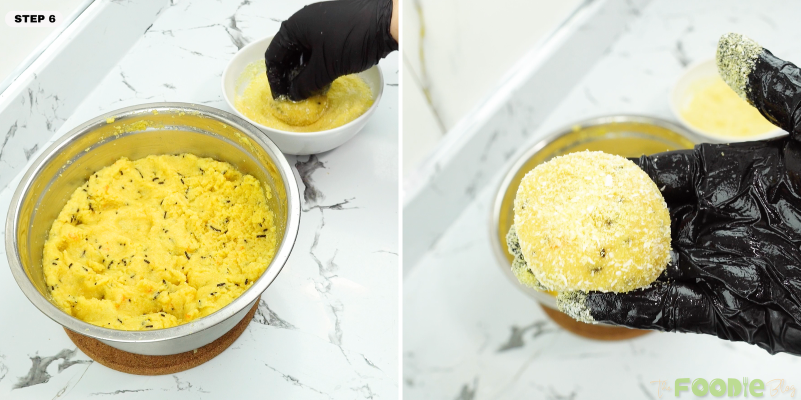 Cookie dough being coated in coconut and semolina mixture