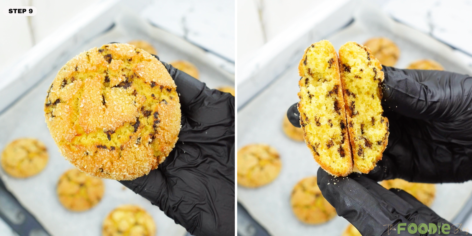 Close-up of a golden semolina cookie showing the crackly top and chocolate bits