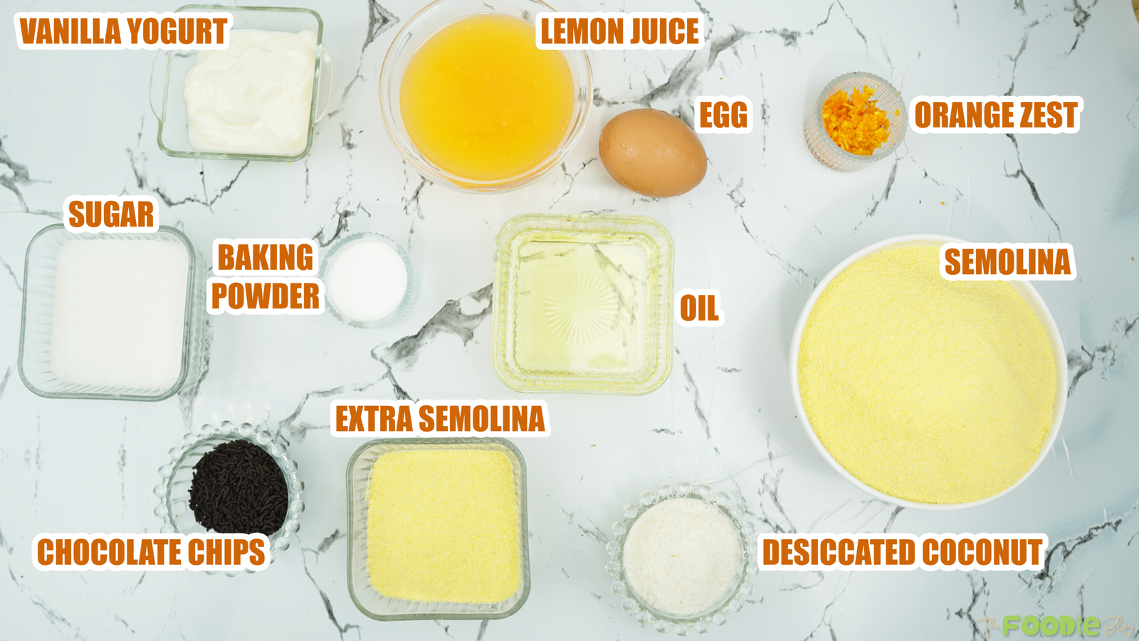 Overhead photo of ingredients labeled for making golden semolina cookies