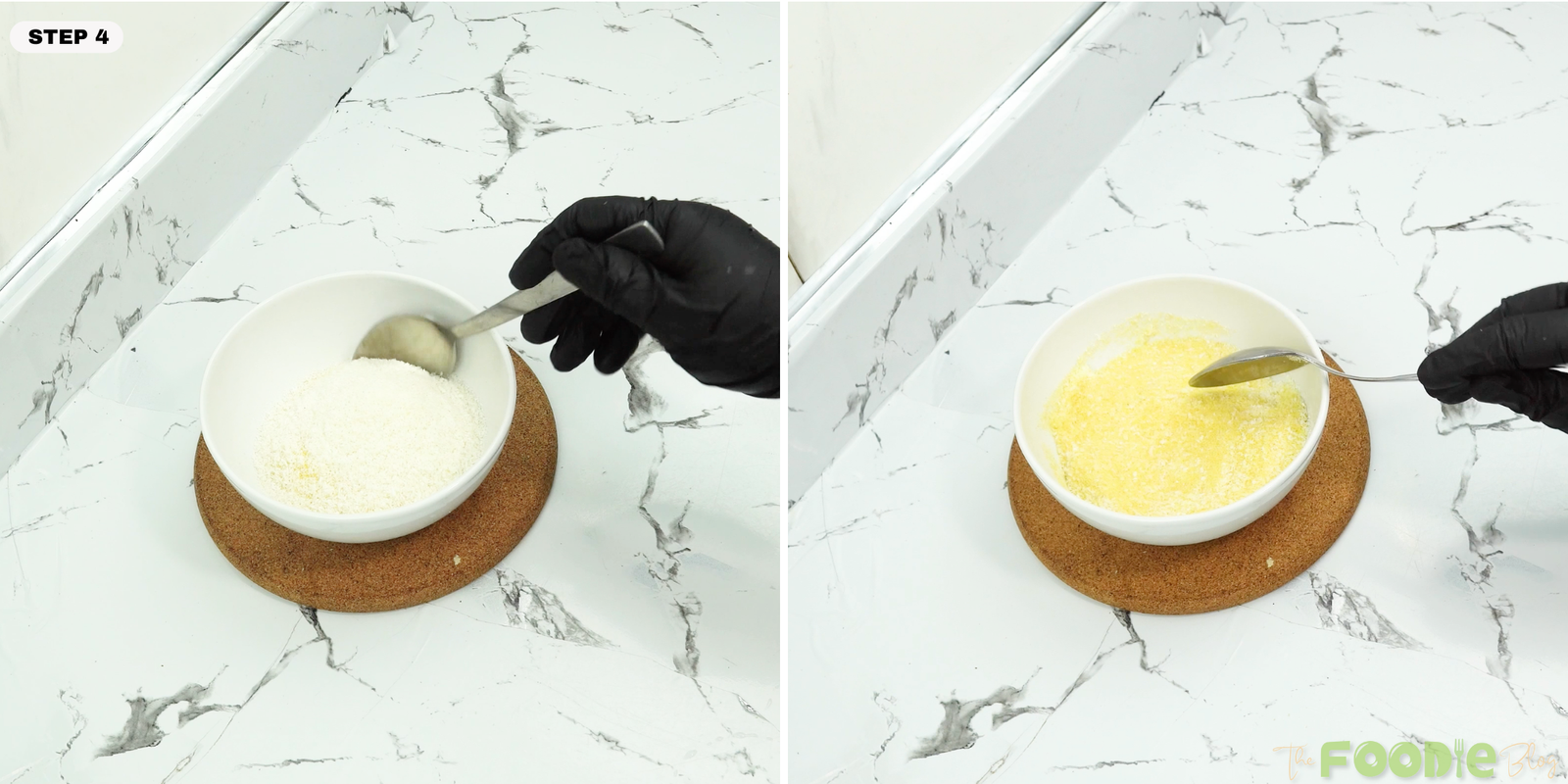 Bowl of semolina and coconut being mixed for coating