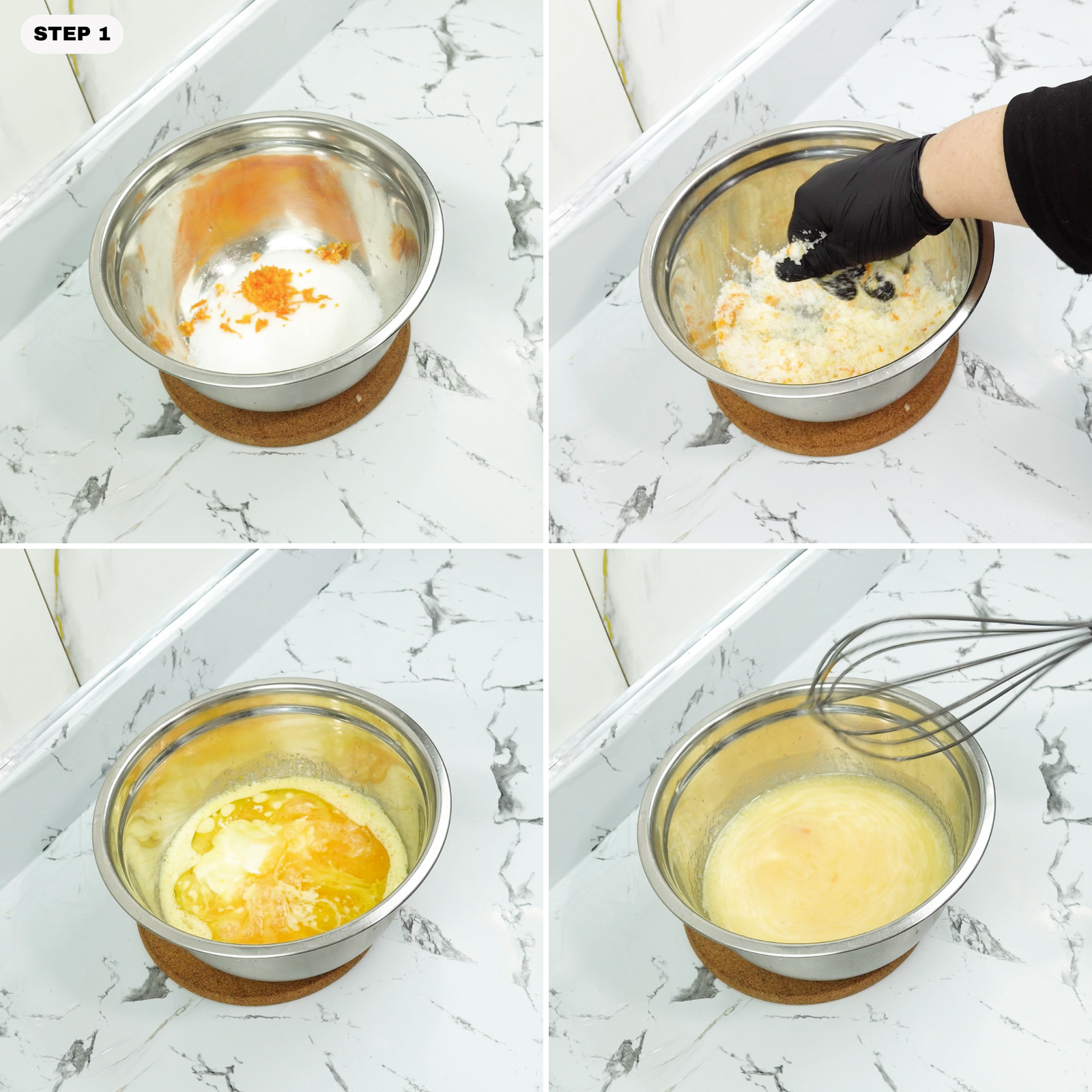 Sugar and orange zest in a mixing bowl before combining