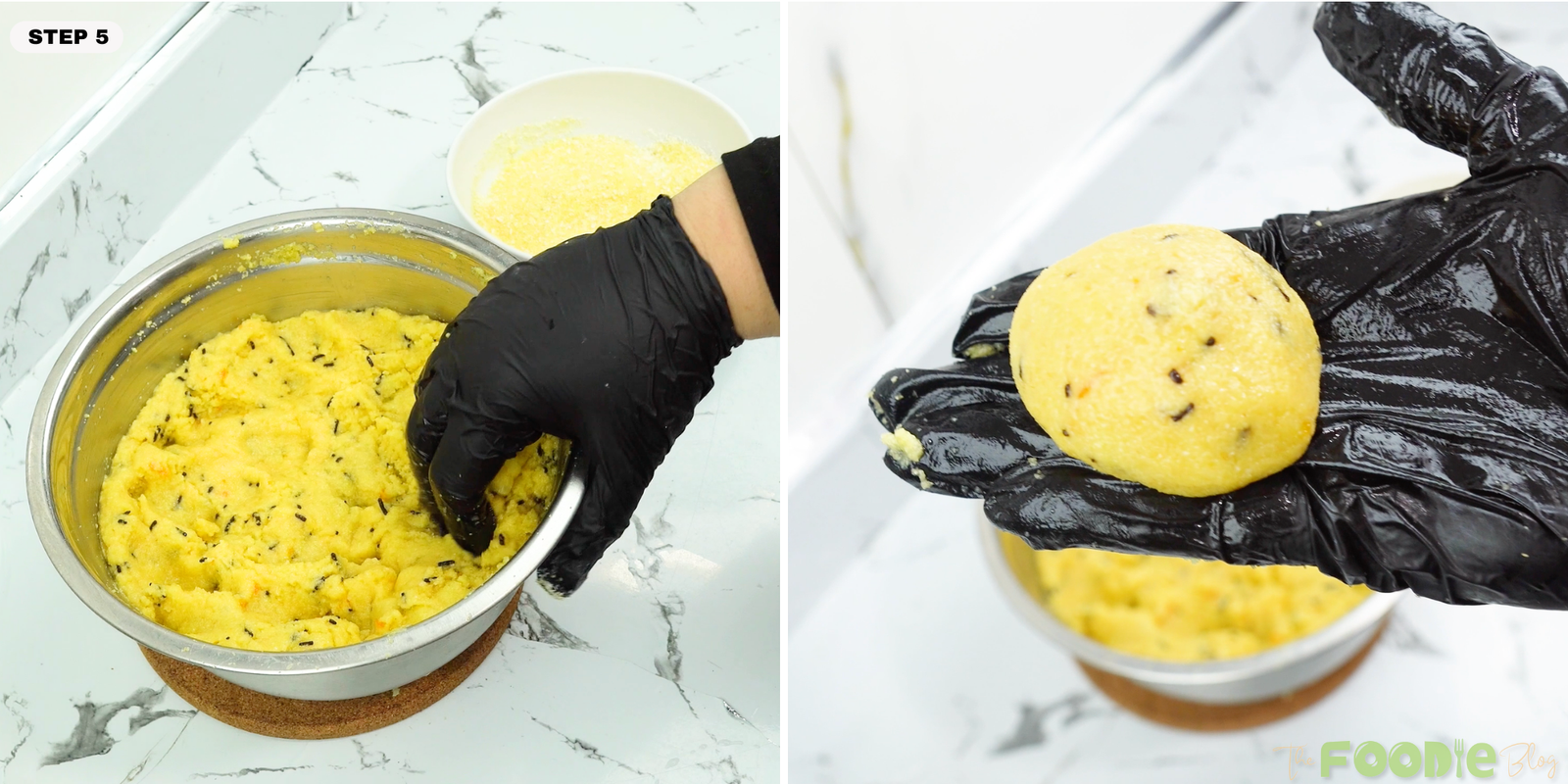 Hands shaping semolina cookie dough into a thick disc
