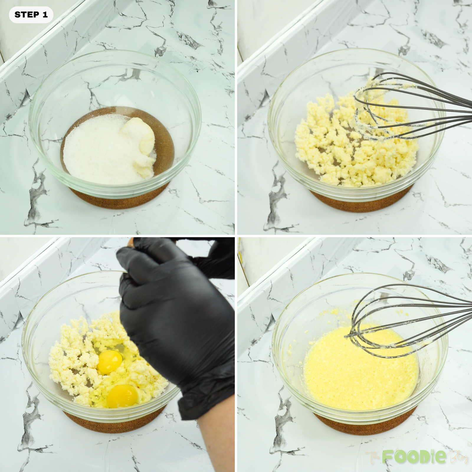 Butter and sugar in a glass bowl being mixed for biscotti dough
