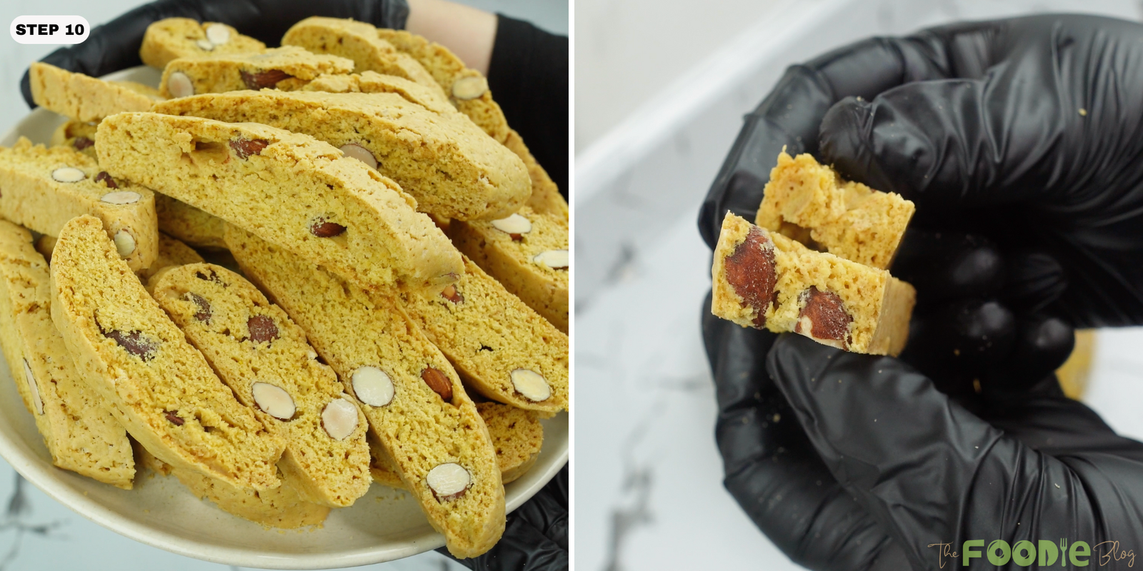 Plate of almond biscotti with a close-up broken piece showing almonds inside
