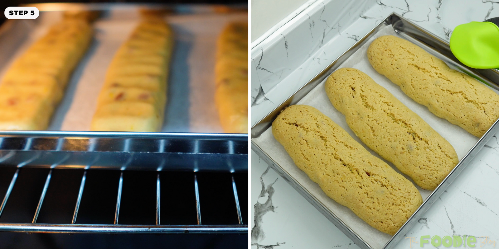 Biscotti logs baking and turning lightly golden on a sheet pan