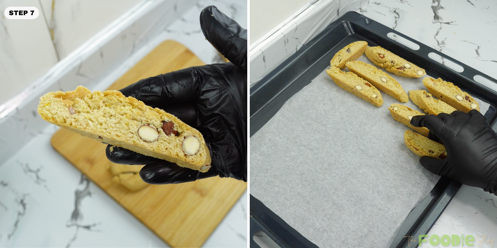 Biscotti slices placed on a baking tray ready for the second bake