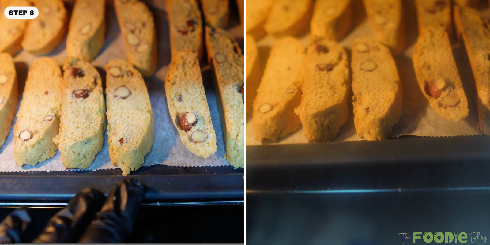 Biscotti slices baking in the oven to become crunchy