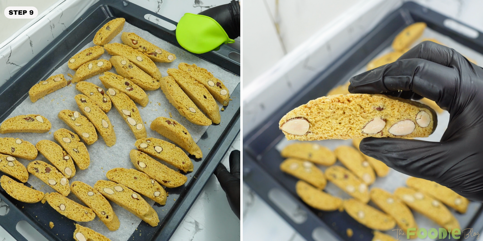 Finished biscotti slices on a tray with a close-up piece held in hand