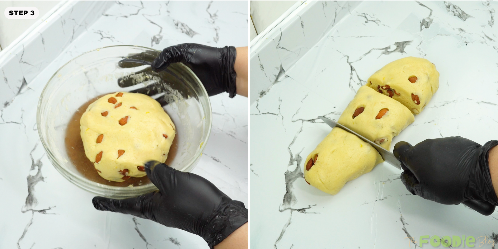Biscotti dough with almonds being handled and cut into portions