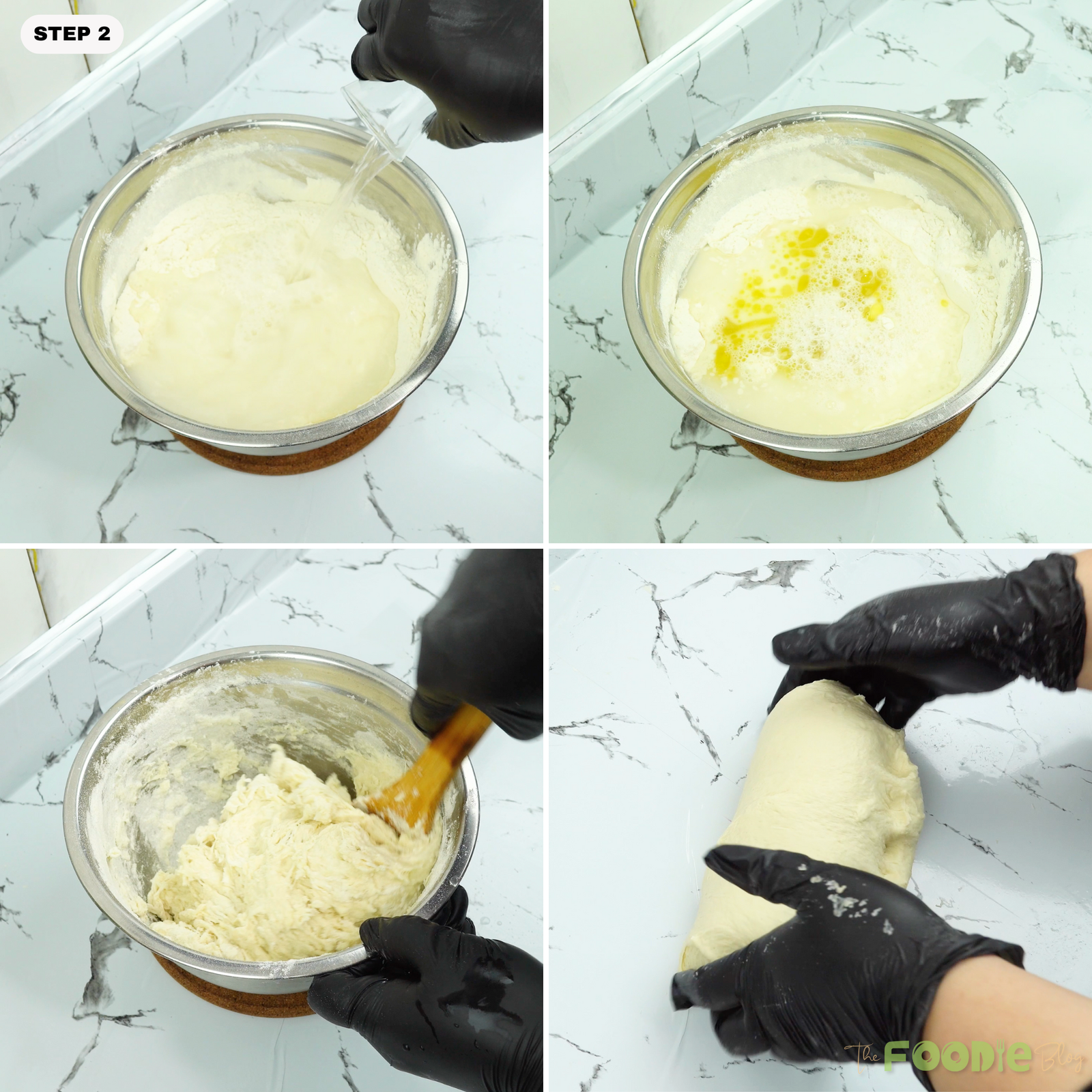 Warm water and olive oil being mixed into flour to form pizza dough