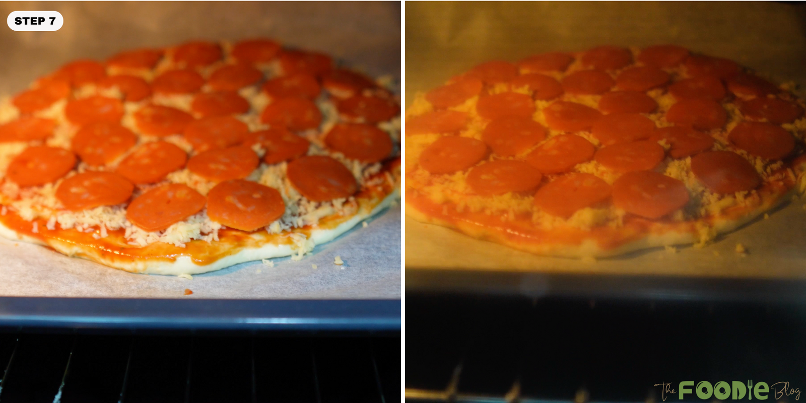 Pepperoni pizza baking in the oven with melted cheese