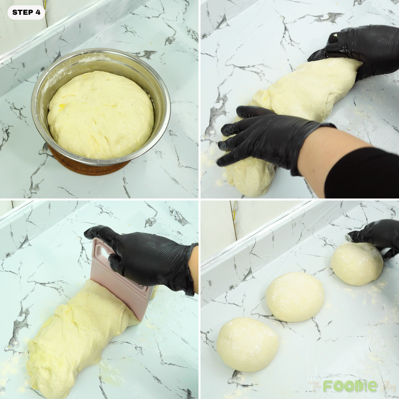 Pizza dough being portioned and shaped into smooth balls
