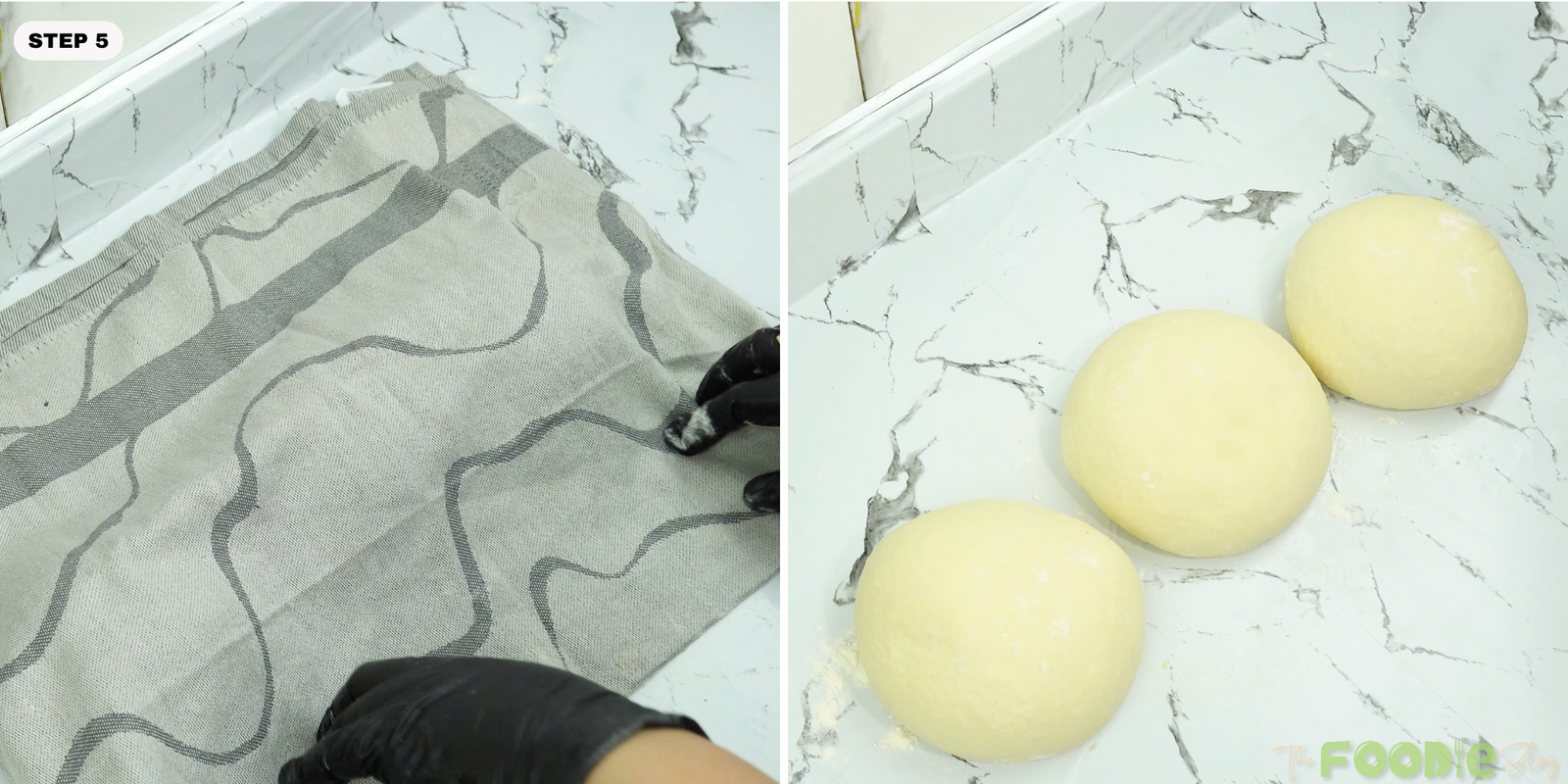 Dough balls resting on the counter covered with a kitchen towel