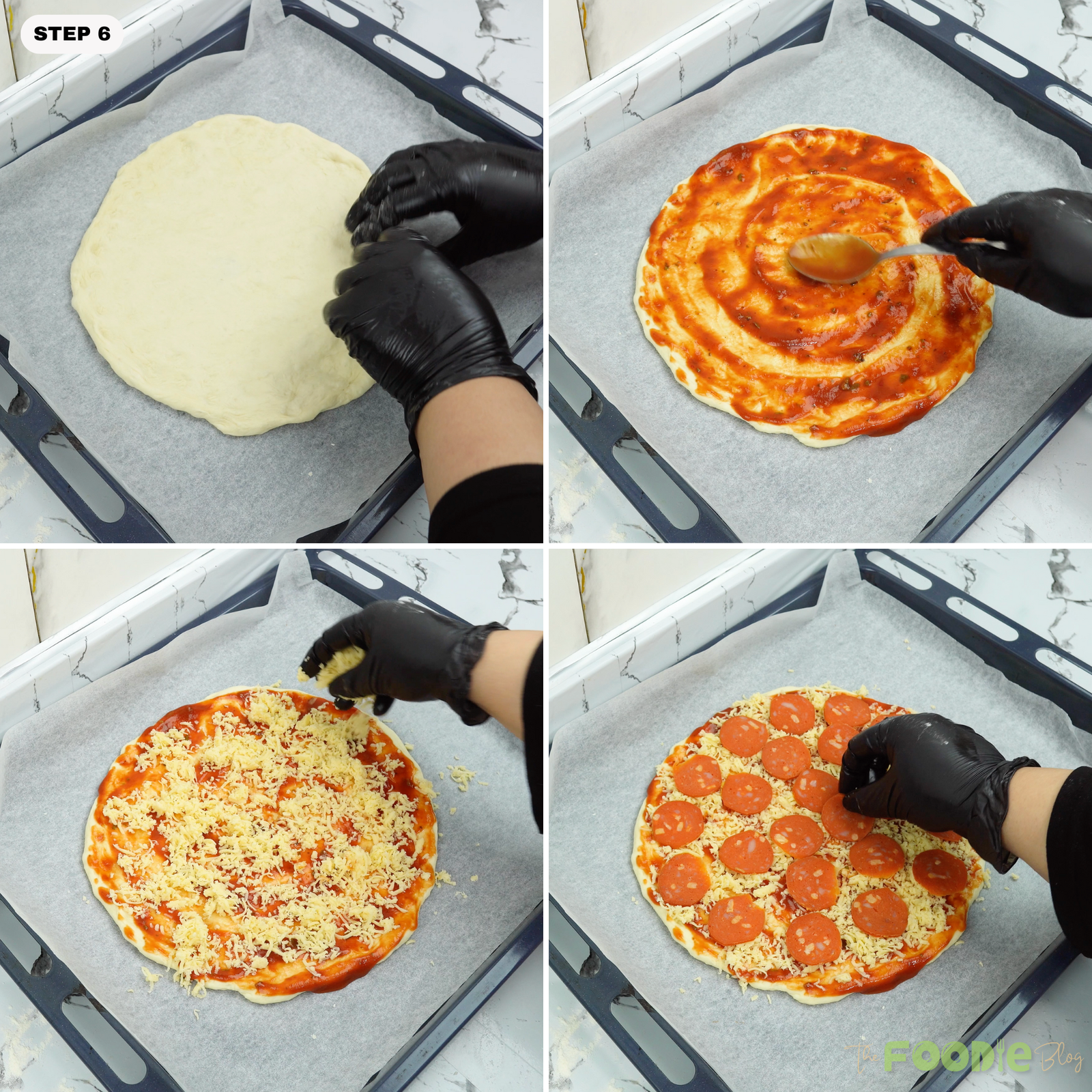 Pizza dough topped with sauce, mozzarella, and pepperoni on a parchment-lined pan
