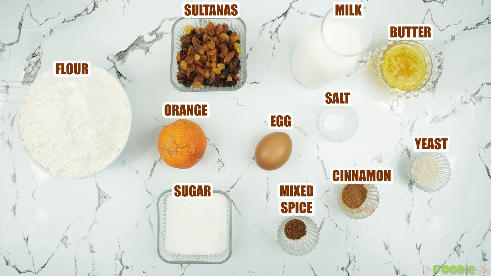 Ingredients labeled for hot cross buns, including flour, sultanas, milk, butter, egg, spices, and orange