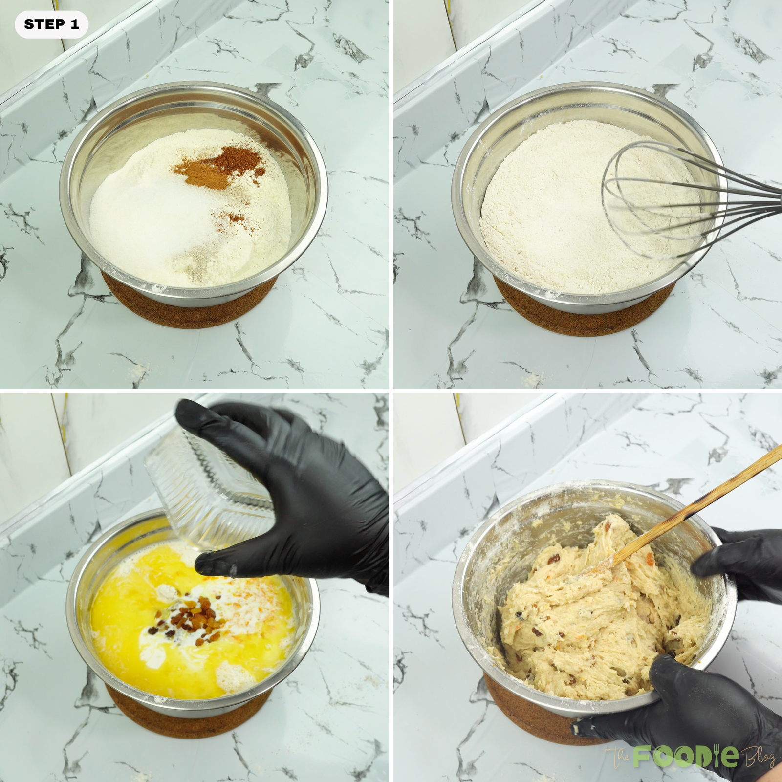 Bowl with flour, sugar, spices, and yeast mixed, then wet ingredients added to form sticky dough