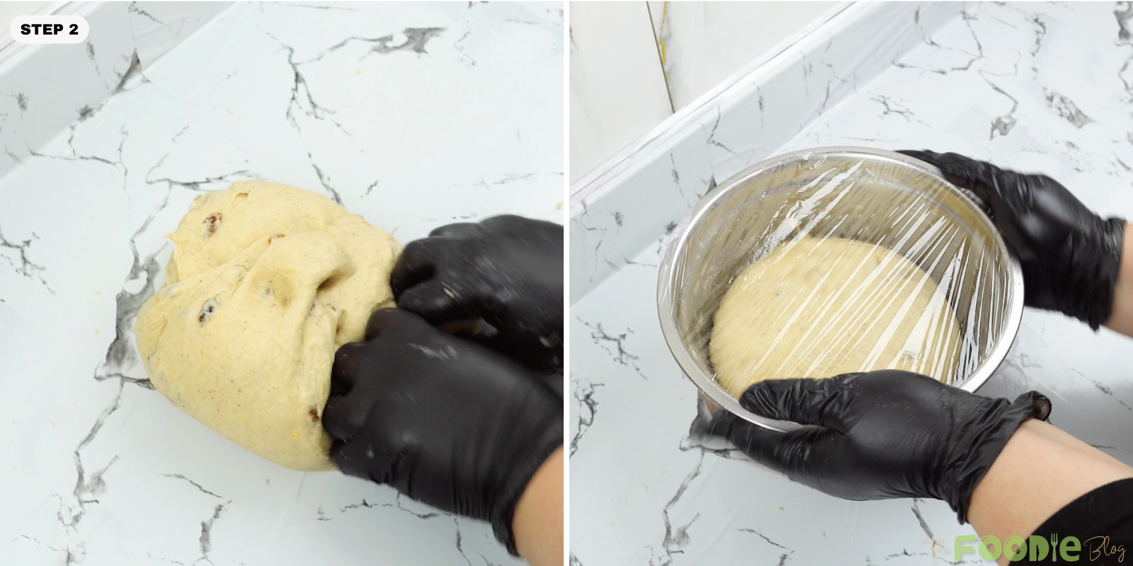 Hands kneading enriched dough, then dough resting in a bowl covered with plastic wrap