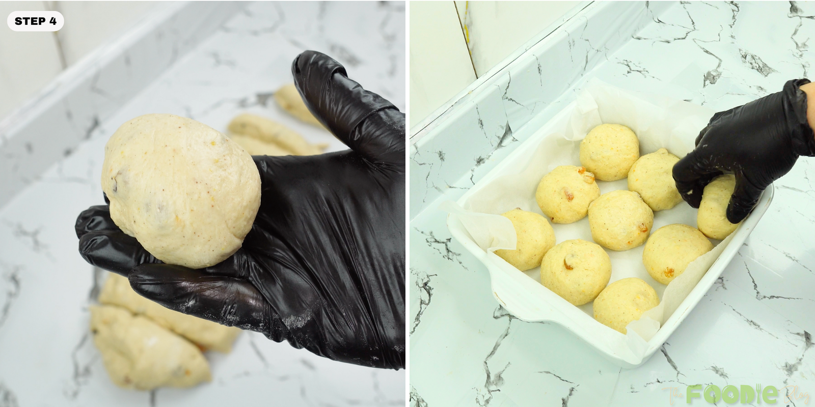 Smooth dough ball in hand and dough balls placed in a parchment-lined pan