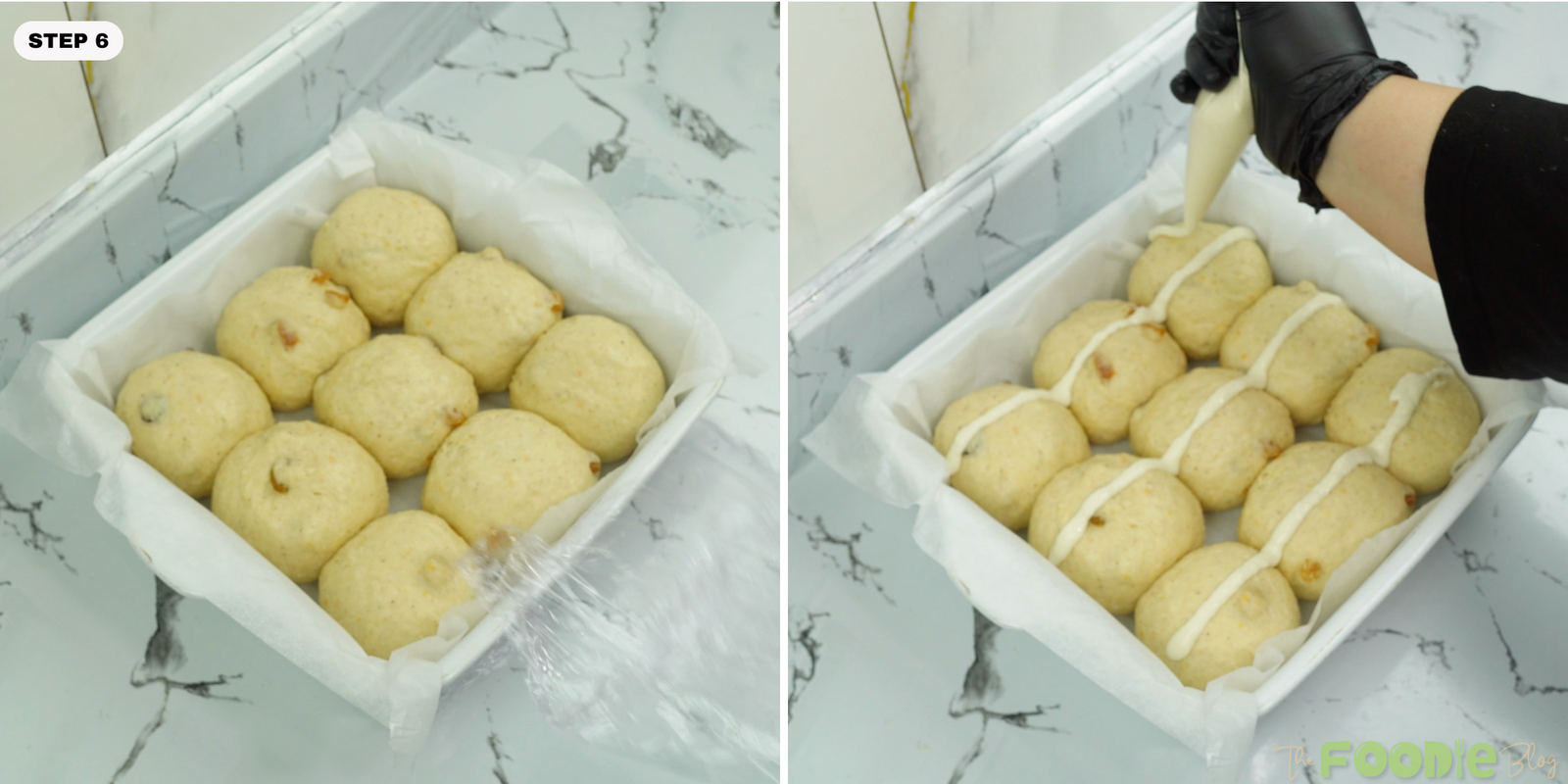 Proofed buns in a pan, then cross paste piped in lines across the top