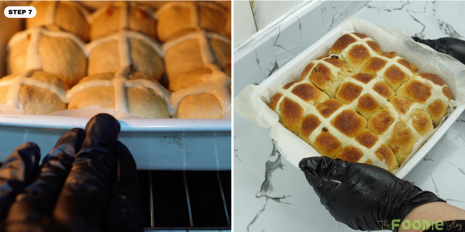 Hot cross buns baking in the oven and finished baked buns in the pan