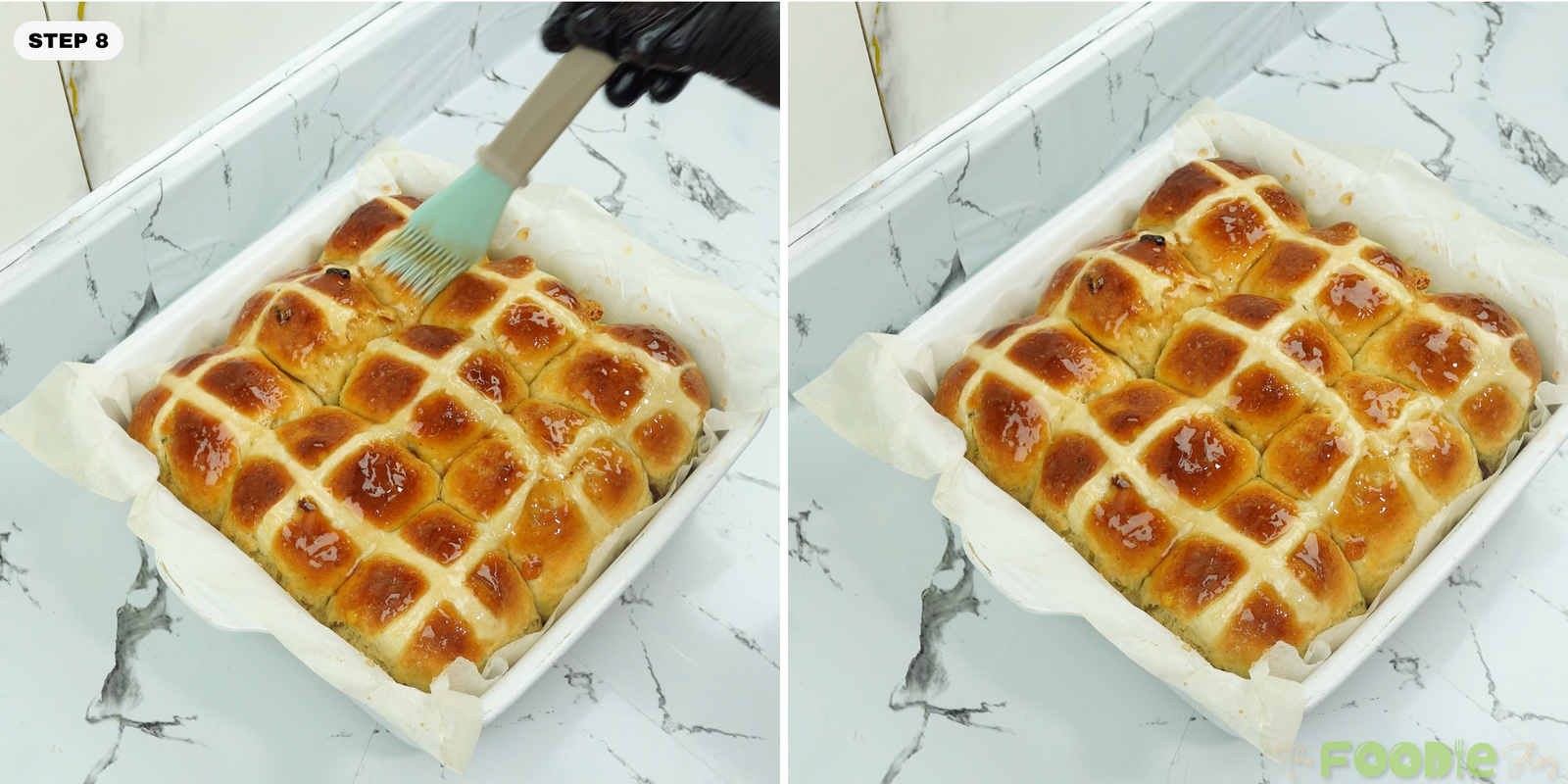 Pastry brush glazing baked buns with apricot jam for a shiny finish