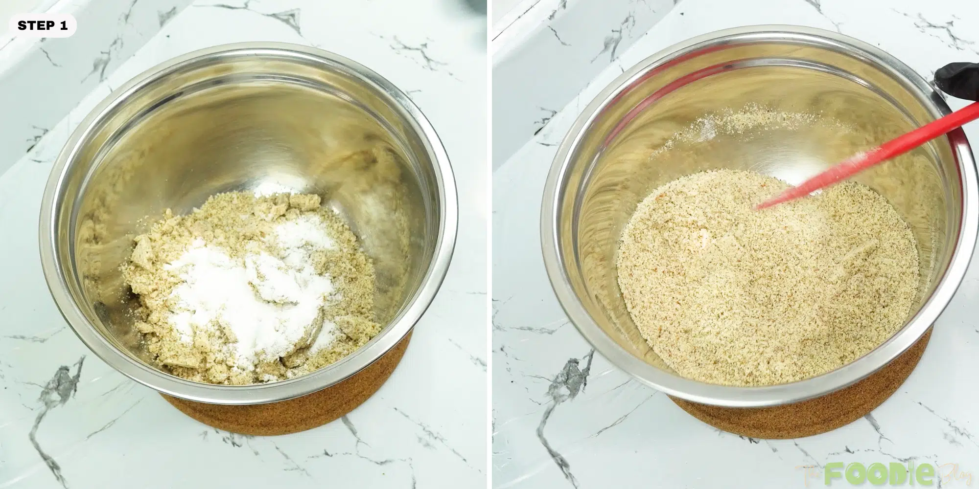 Ground almonds mixed with baking powder and salt in a mixing bowl