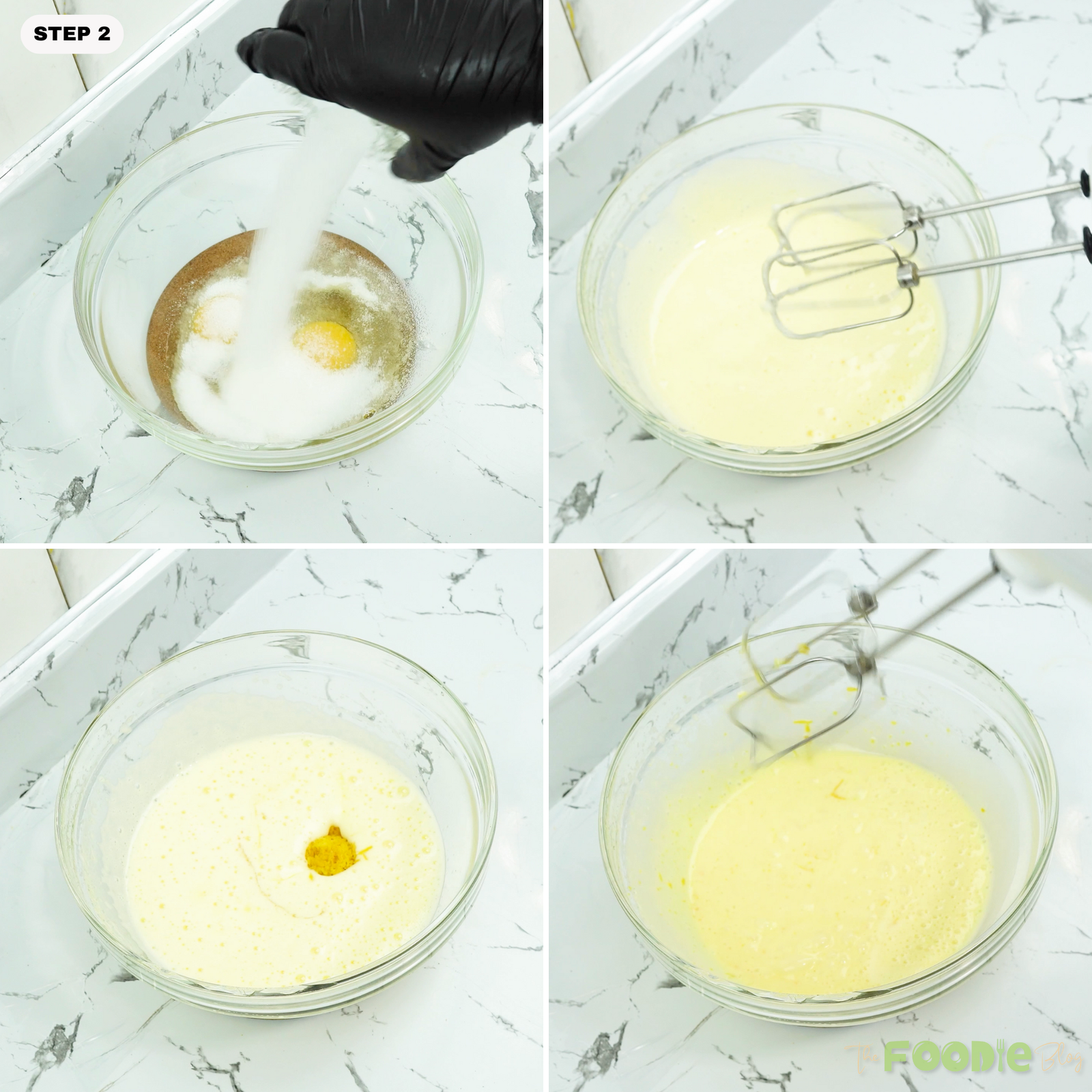 Eggs and sugar being whisked in a glass bowl until pale and foamy