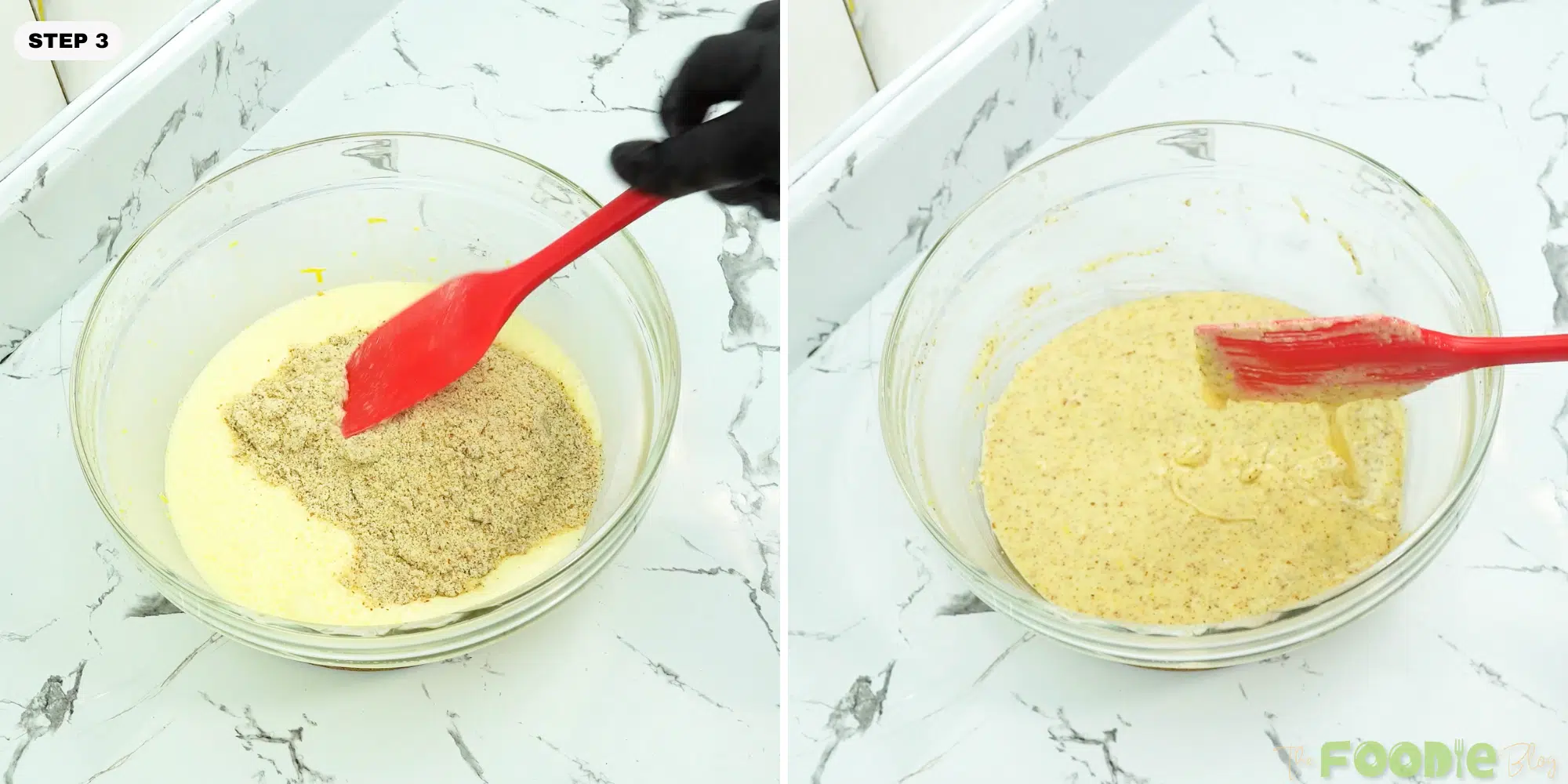 Ground almond mixture being folded into the egg mixture with a spatula