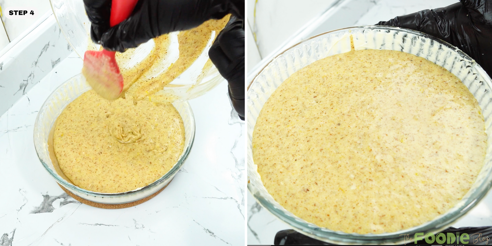 Italian Almond Cake batter being poured into a greased round baking dish