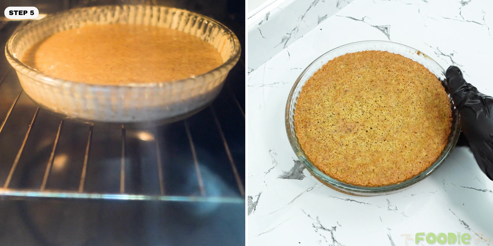 Italian Almond Cake baking in the oven and then shown baked and golden in the pan