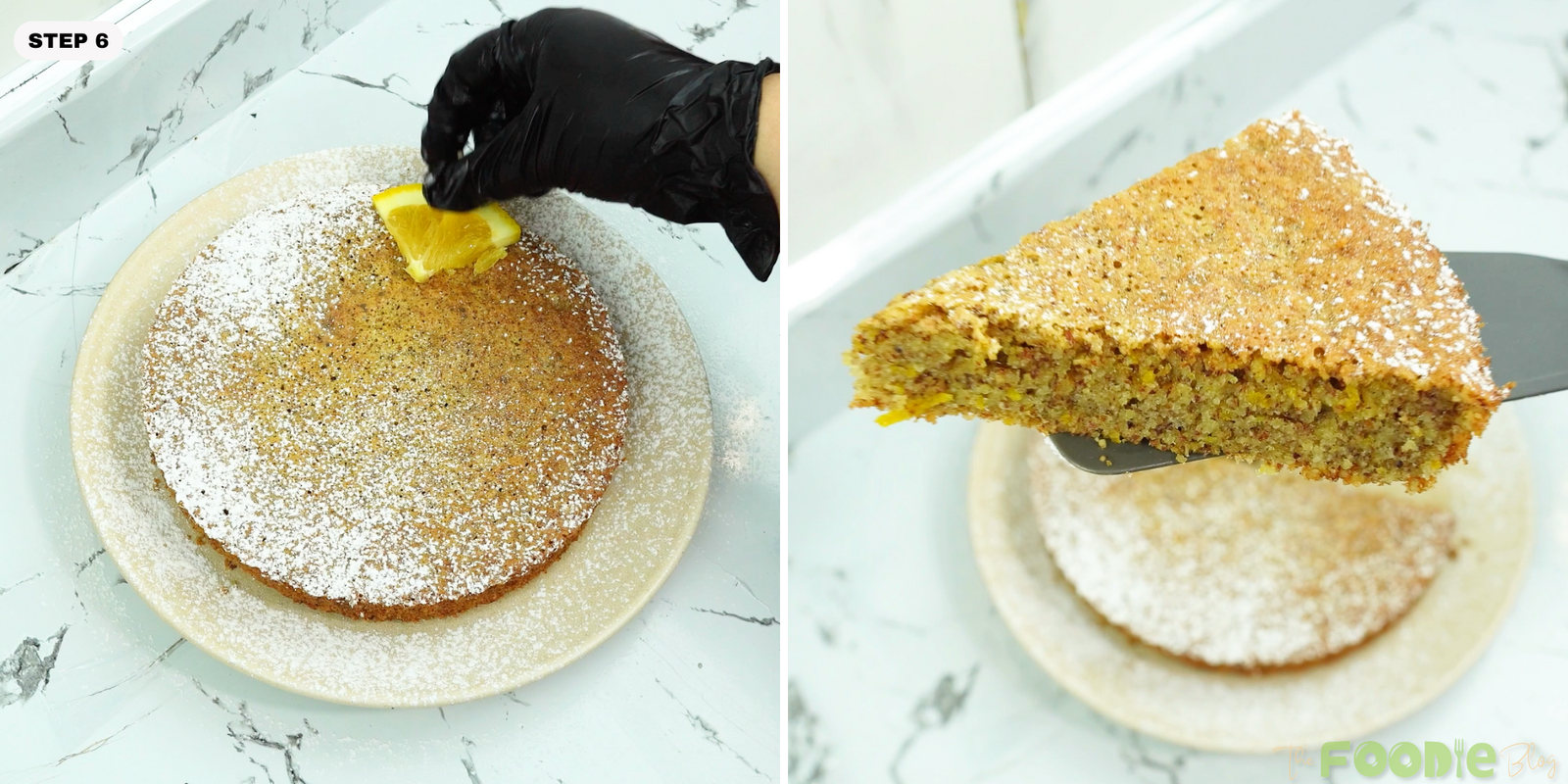 Powdered sugar dusted Italian Almond Cake being garnished and a slice lifted to show the crumb