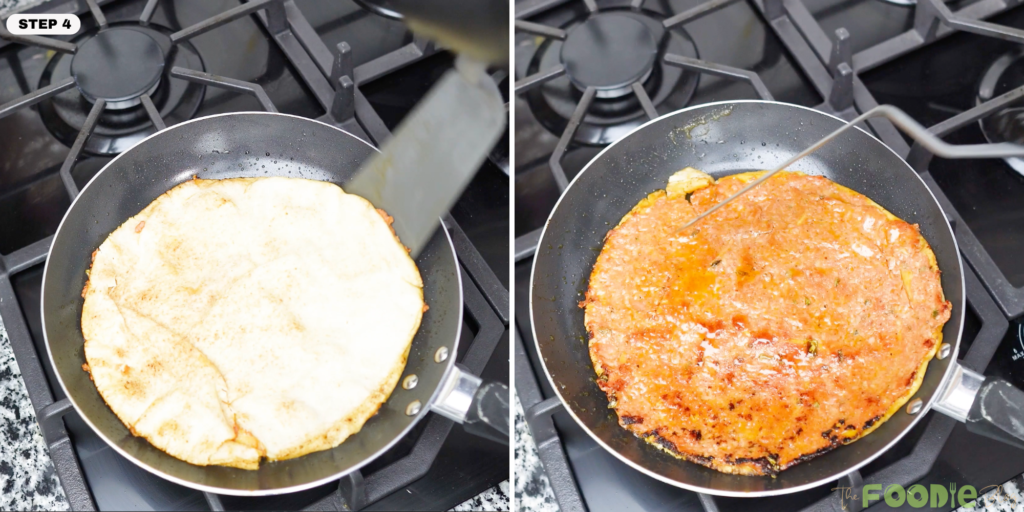 Flatbread cooking in a skillet and being flipped so the topping cooks through