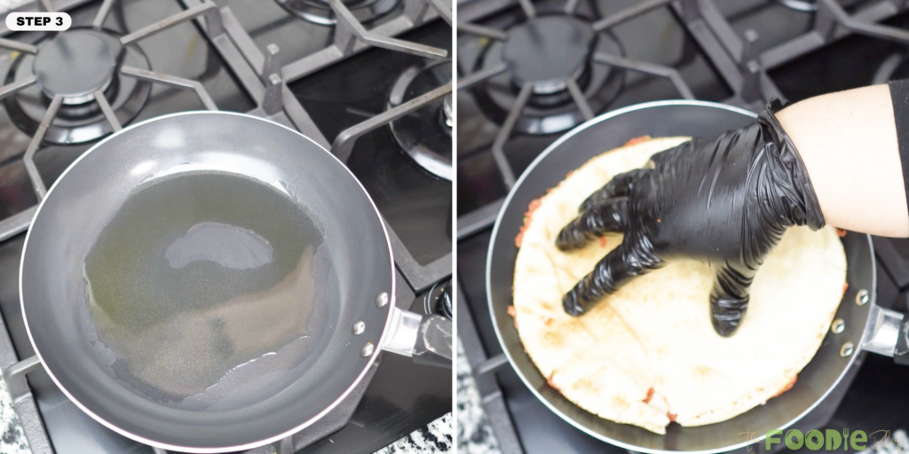 Olive oil warming in a nonstick skillet on a stovetop