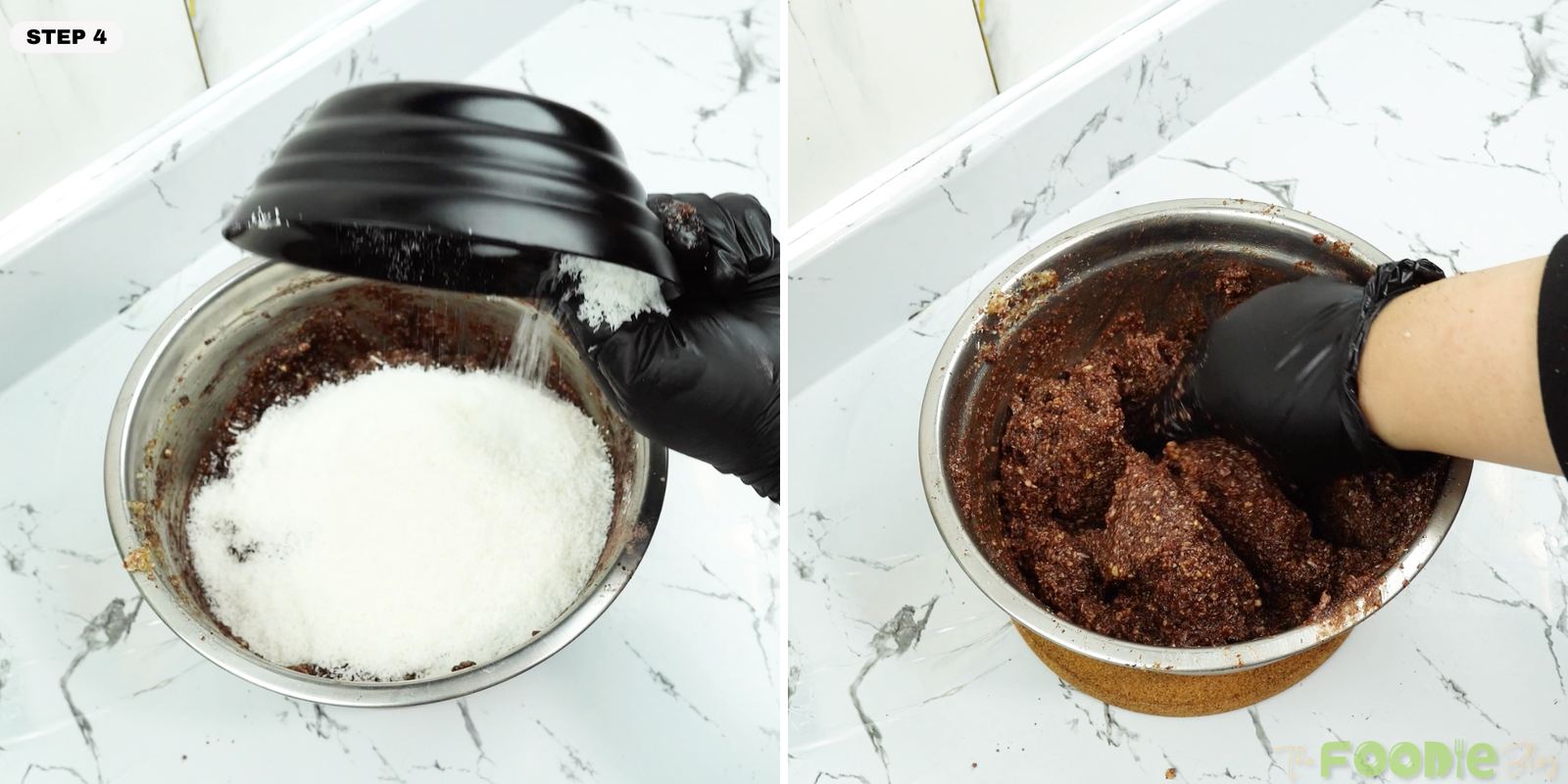 Desiccated coconut being poured into a bowl of chocolate peanut dough